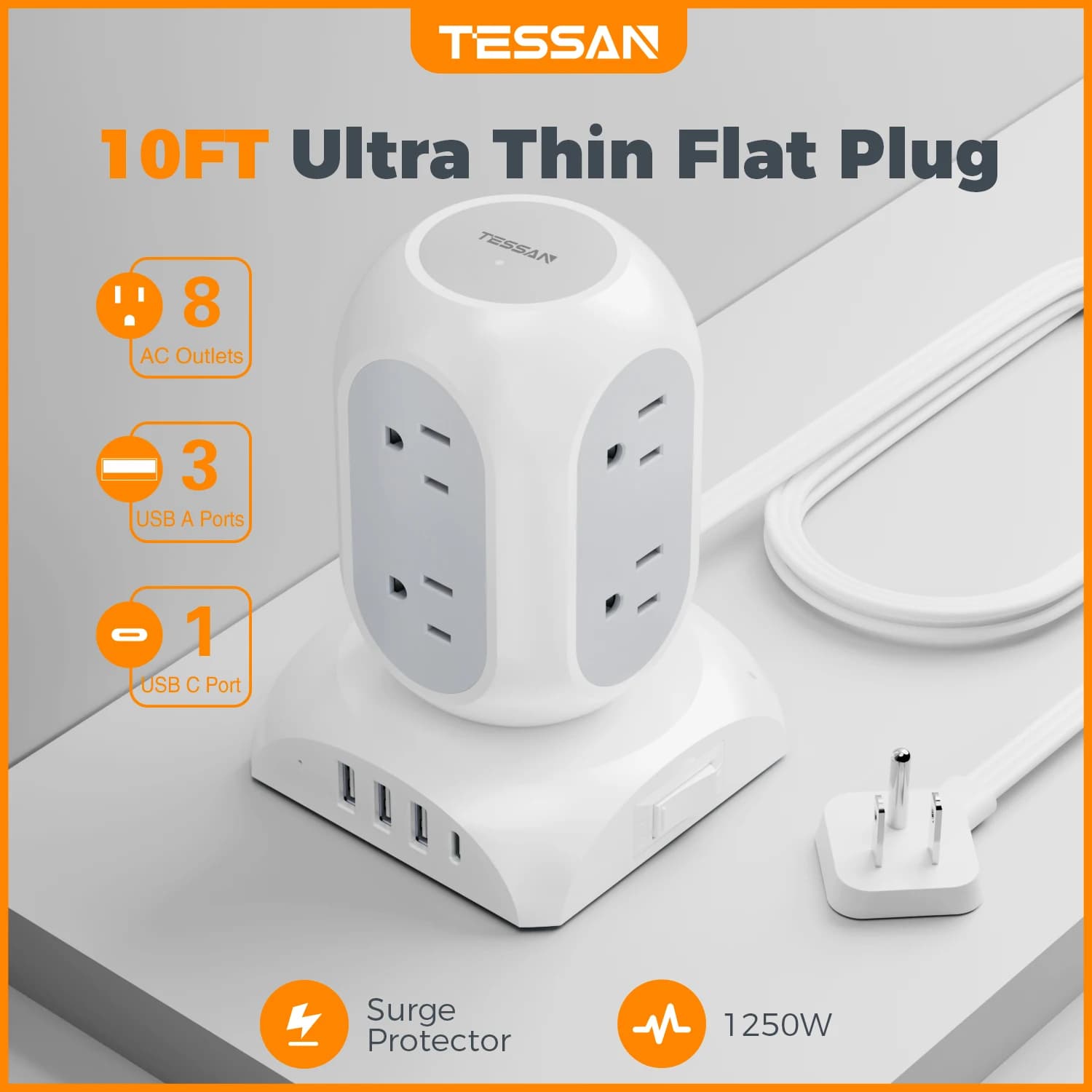 Multipresa TESSAN con 8 Prese Americane, 3 USB e 1 Tipo C, Protezione da Sovratensioni, Presa a Torre con Cavo di Prolunga Piatto da 3 Metri