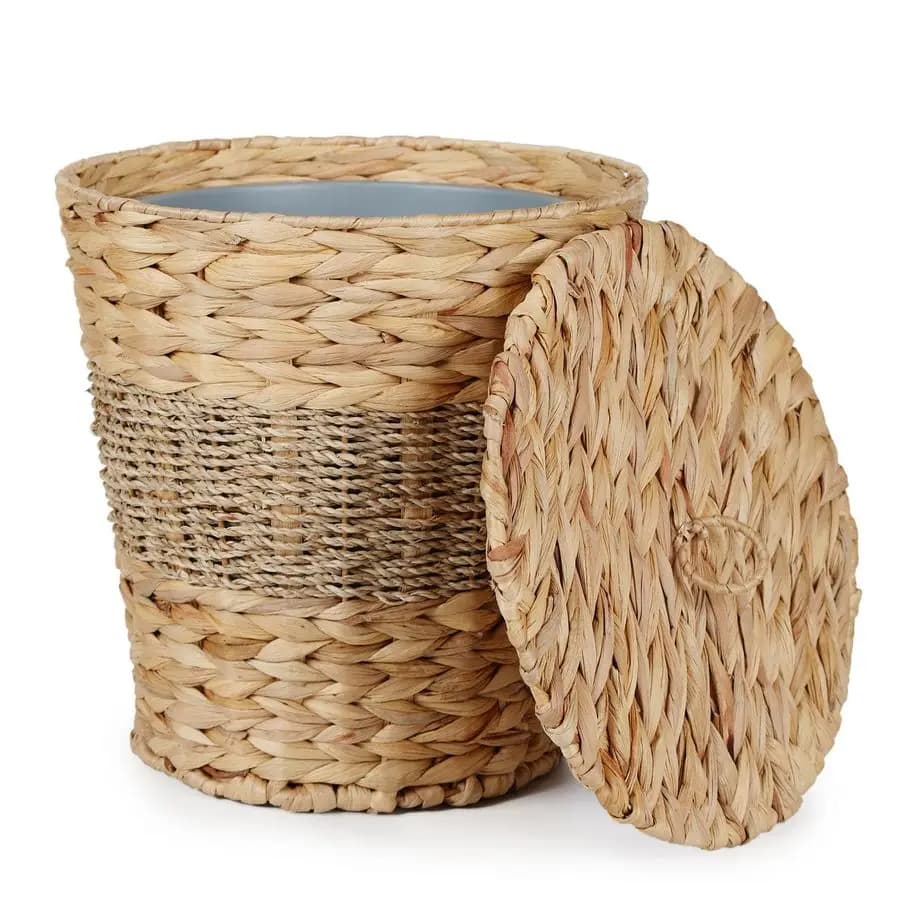 Pattumiera in vimini con coperchio Pannello raccoglitore d'acqua Pattumiera in alghe marine Cestino per rifiuti in vimini intrecciato a mano per bagno, camera da letto, ufficio, L