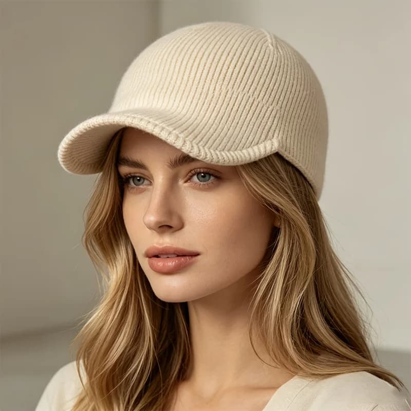 Women Soft Ribbed Visor Beanie Solid Cream Wool Warm Ear Protection Slouchy Hat Vintage Curved Brim Winter Baseball Cap