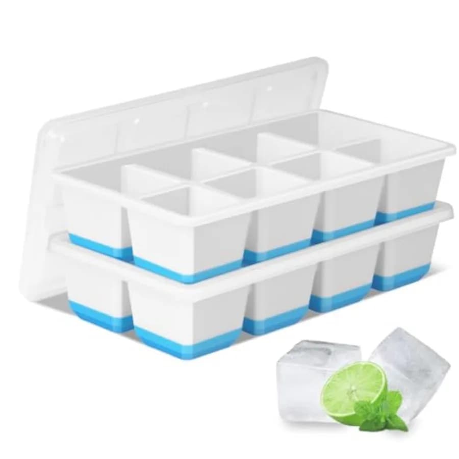 Large Ice Cube Trays 2 Pack, Silicone Easy-Release and Flexible Ice Cube Molds with Lids, 1.8" Big Square Cubed Ice Trays for W