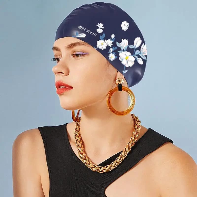 Women's Fashion Print Waterproof Silicone Swim Cap, No Choking Design, Long Hair Large Size, Professional Adult Swim Cap