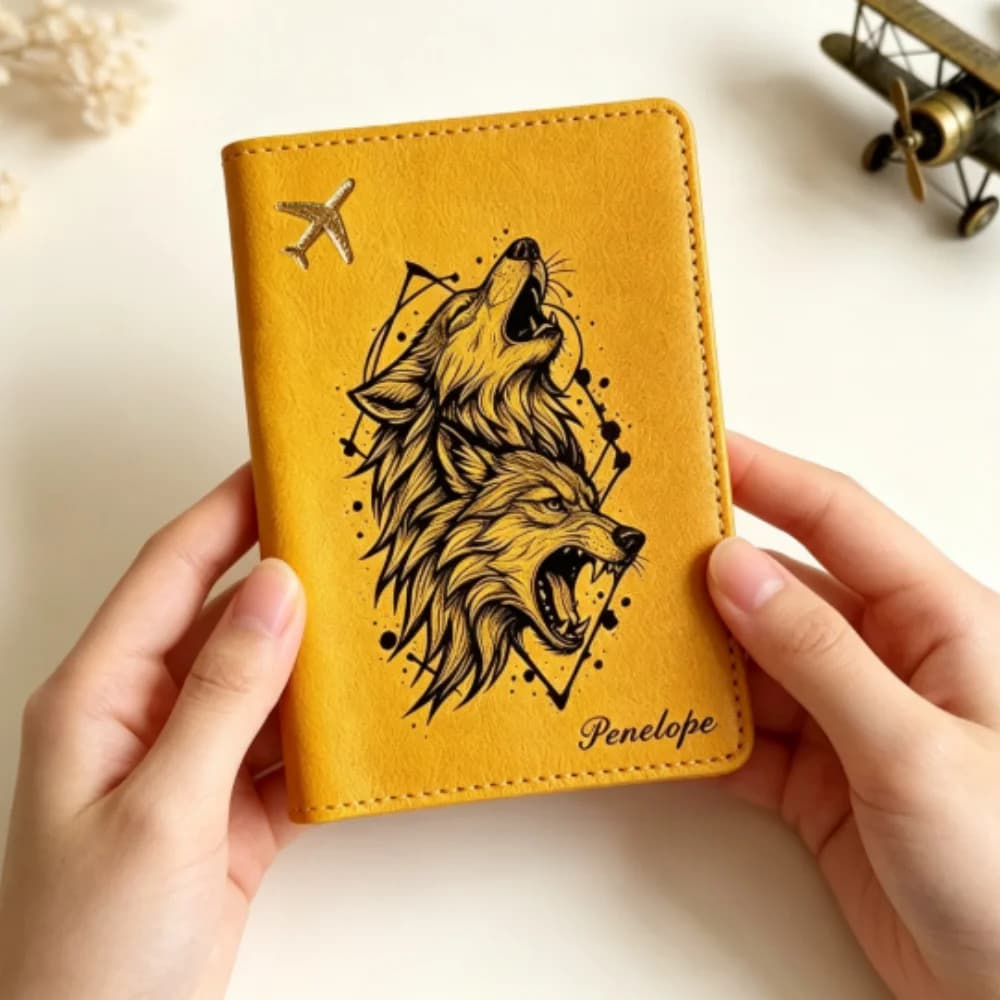 Personalized Name Wolf Head Passport Holder, Multi-Purpose Travel Case for Passports, ID Cards and Coins