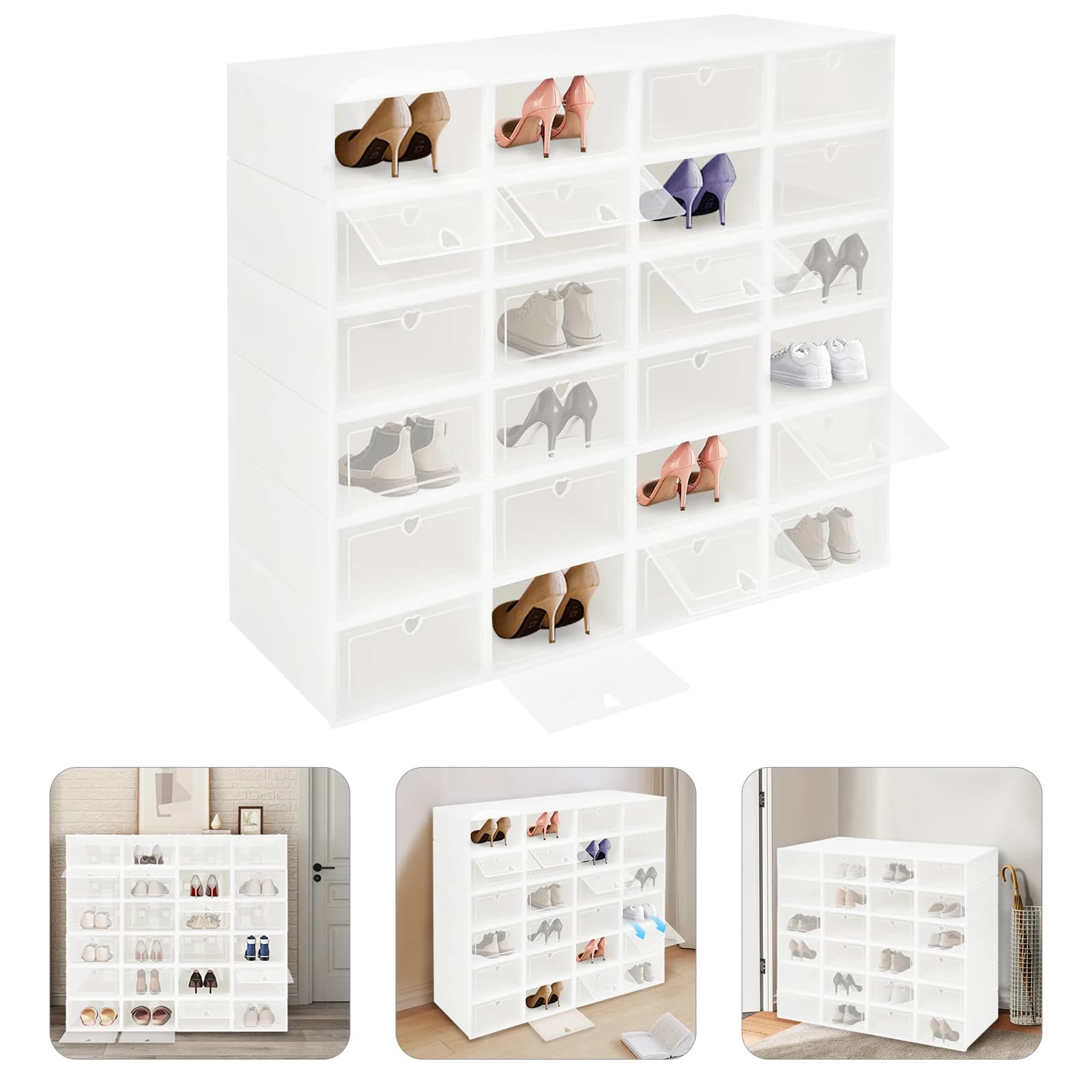 24Pcs Shoe Storage Box 13 Inch Clear Stackable Foldable Organizer Case with Breathable Heart Holes Dustproof Containers for Sneakers Heels Boots Under Bed Closet Bedroom Entrance Hall Living Room Dorm