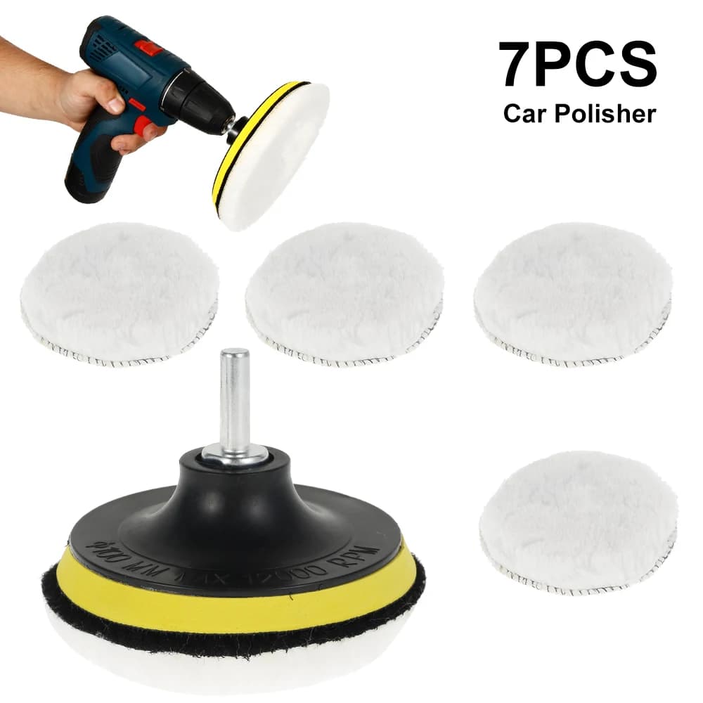 Kit di 7 Tamponi per Lucidatura in Lana da 4 Pollici, Tamponi per Lucidatura Auto in Lana d'Agnello con Gancio e Anello, con 1 Vite e 1 Vassoio in Plastica