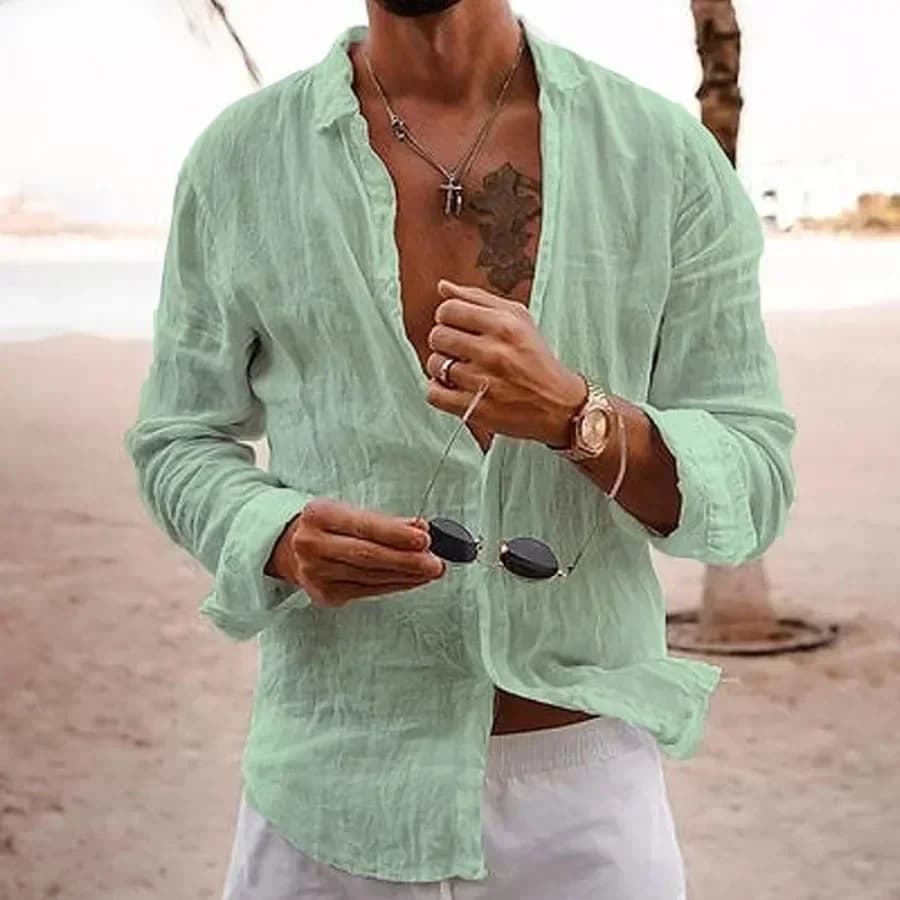 Camicia da uomo 2026 in cotone e lino, semplice, con risvolto, tinta unita, comoda, ampia, casual, per le vacanze