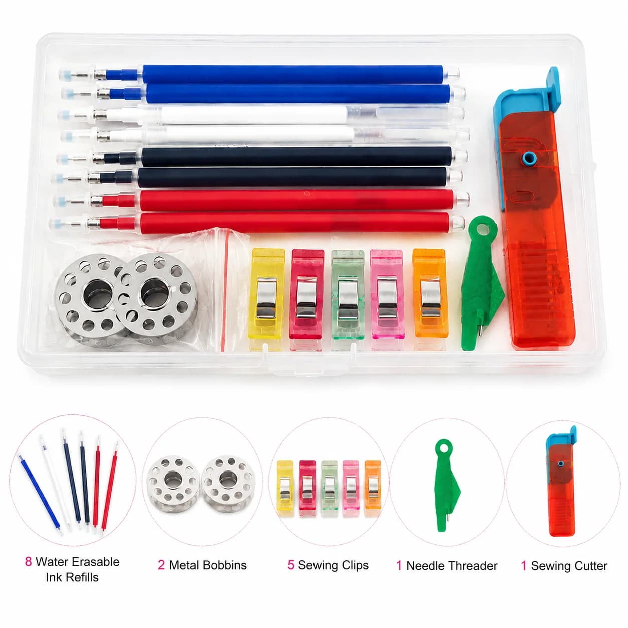 DIY Sewing Accessory Kit, Washable Disappearing Pen Refills, Sewing Clips, Spools, Needle Threader, for Clothing Fabric Marking