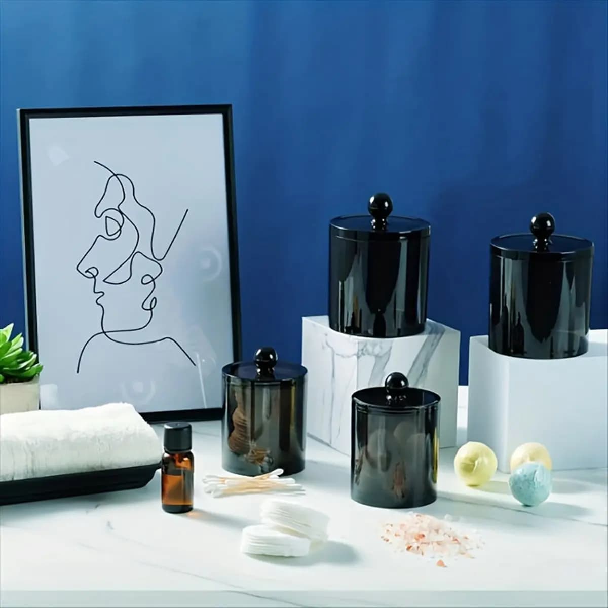 A56K Set di 3 Contenitori Dispenser per Qtip, Vasetto da Bagno Nero in Plastica, Scatola Portaoggetti per Cotone Idrofilo, Tamponi di Cotone