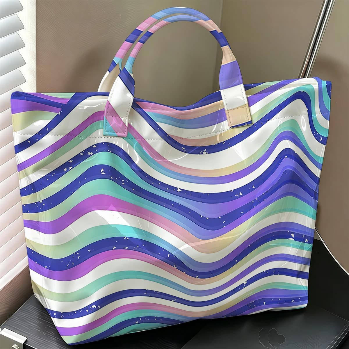Rainbow Ripple Cute Large Glossy PVC Tote Bag Hand Washable Lightweight Soft Great for Travel Commute Makeup Storage Handbags