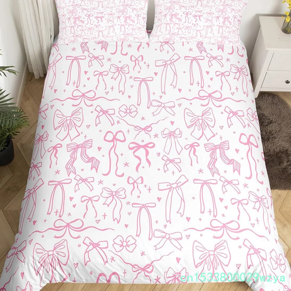 Princess Bowknot Duvet Cover Red Strawberry Polka Dots Bedding Set Hand Drawn Cartoon Comforter Cover Dreamy Fairy Quilt Cover