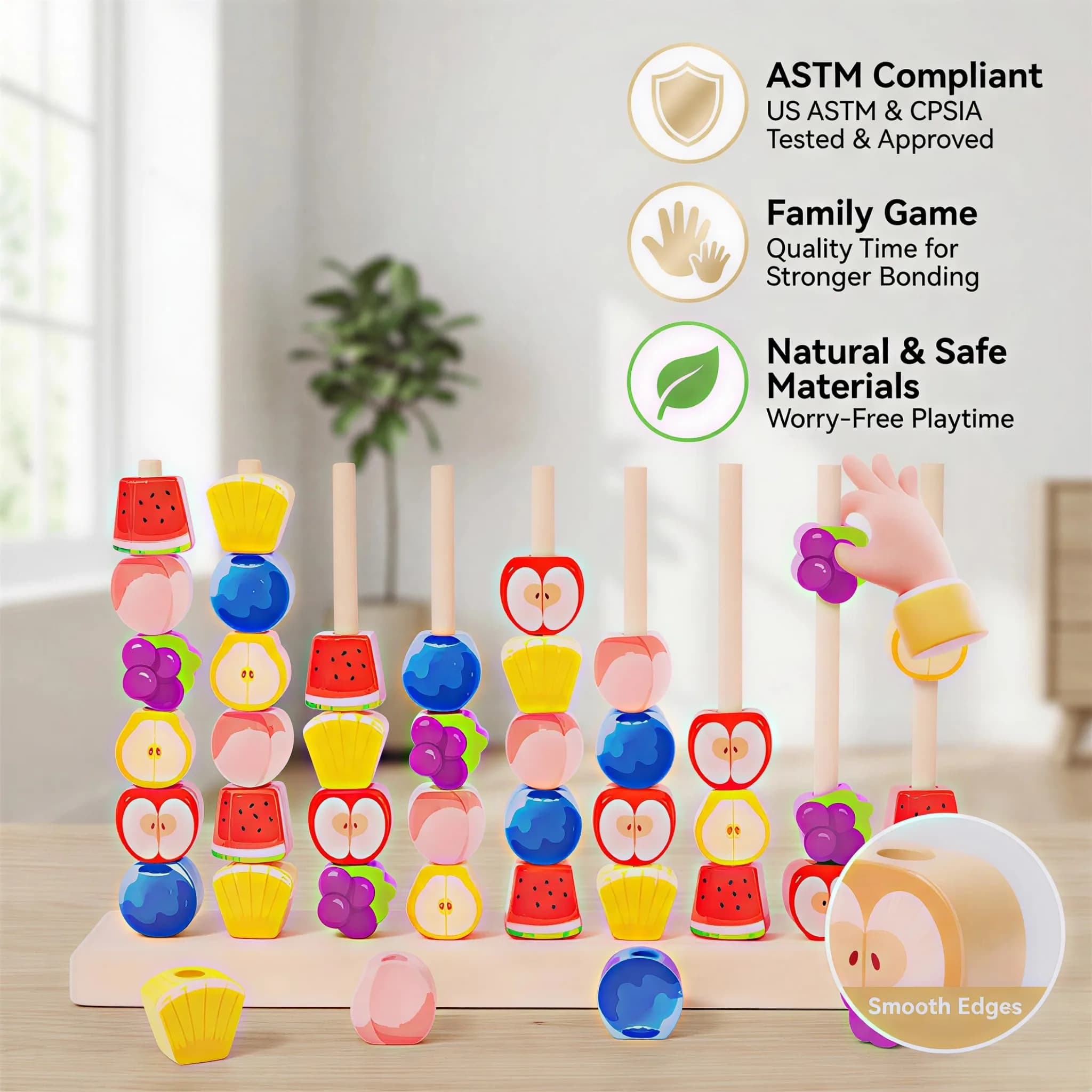 Giocattolo impilabile in legno a forma di anello con frutta, con blocchi di frutta dai colori vivaci e adorabili come mele, angurie, uva e ananas, con funzione di doppio utilizzo "Traslaca e Classifica", che aiuta i bambini a abbinare i colori, ordinare e impilare, simulando il gioco logico dei "Torri di Hanoi", migliorando efficacemente la concentrazione, la coordinazione occhio-mano e le capacità motorie fini del bambino, un regalo a sorpresa per compleanni e Capodanno per