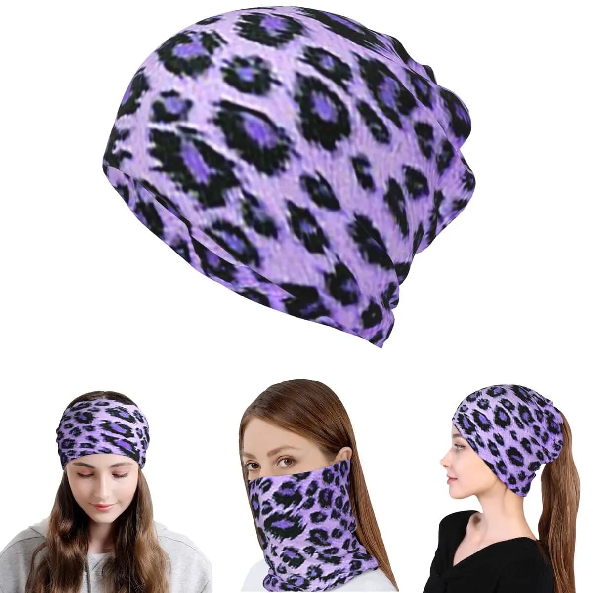 Scaldacollo Multifunzione con Stampa Leopardata Viola, Sciarpa per il Viso, Balaclava, Berretto Unisex Antivento per Adulti