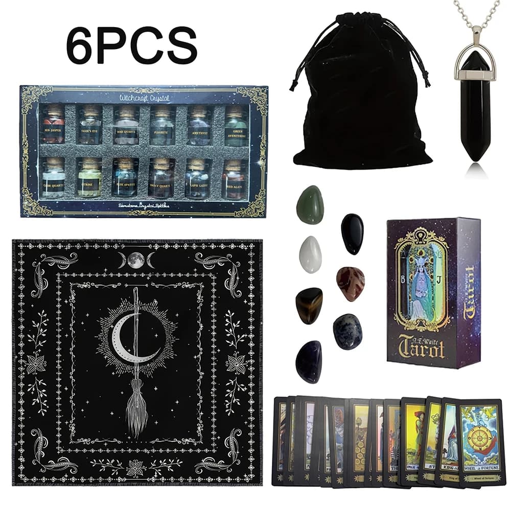 Set di carte dei tarocchi 1 set di carte dei tarocchi 12 vasi di cristallo 7 Chakra 1 tovaglia dei tarocchi 1 accessorio pendente 1 custodia per divinazione