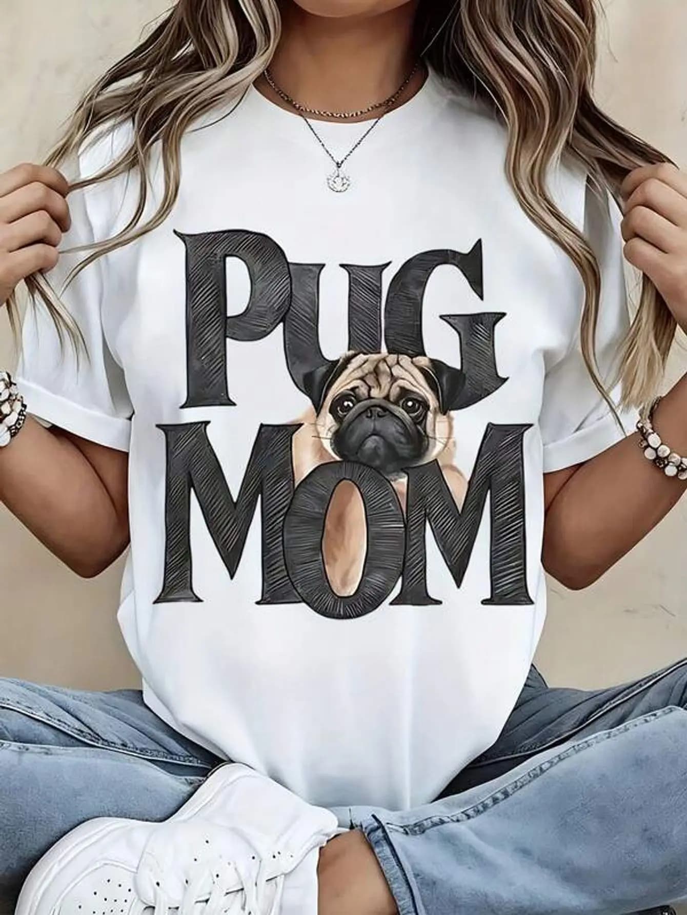Cute Pug Mom T-Shirt White Dog Lover Print Graphic Tee For Women Casual Wear And Pet Enthusiasts