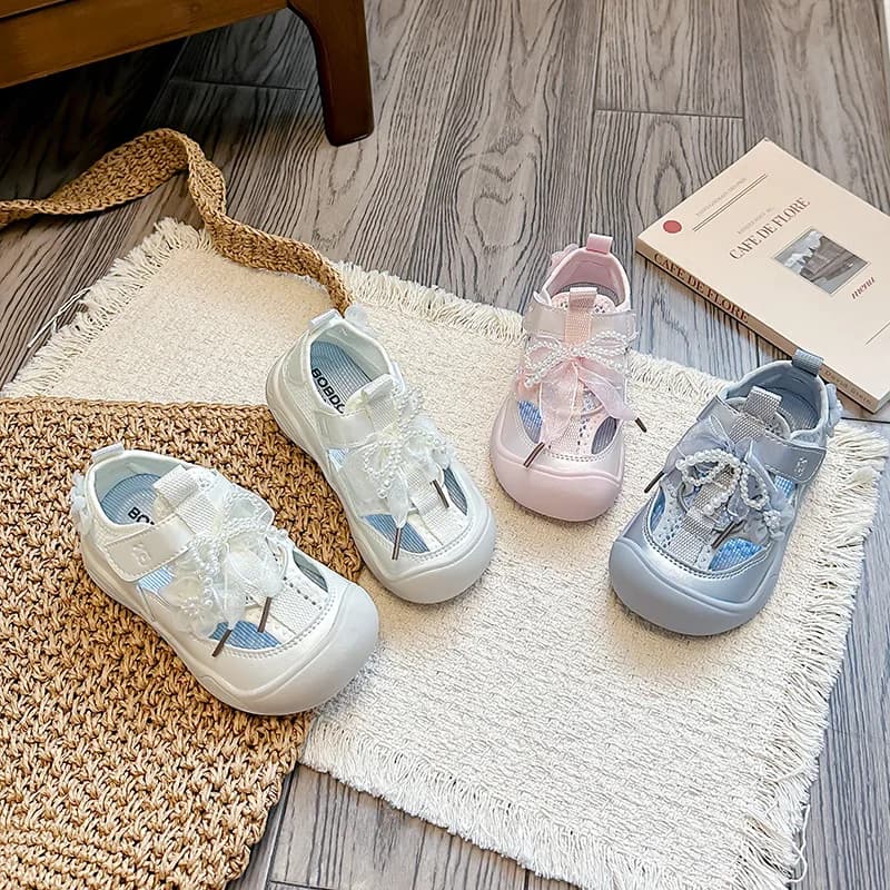 2026 Summer Girls Sports Sneakers Pearl Lace Mary Jane Flats Lightweight Non-Slip Back To School Kids Running Sandals