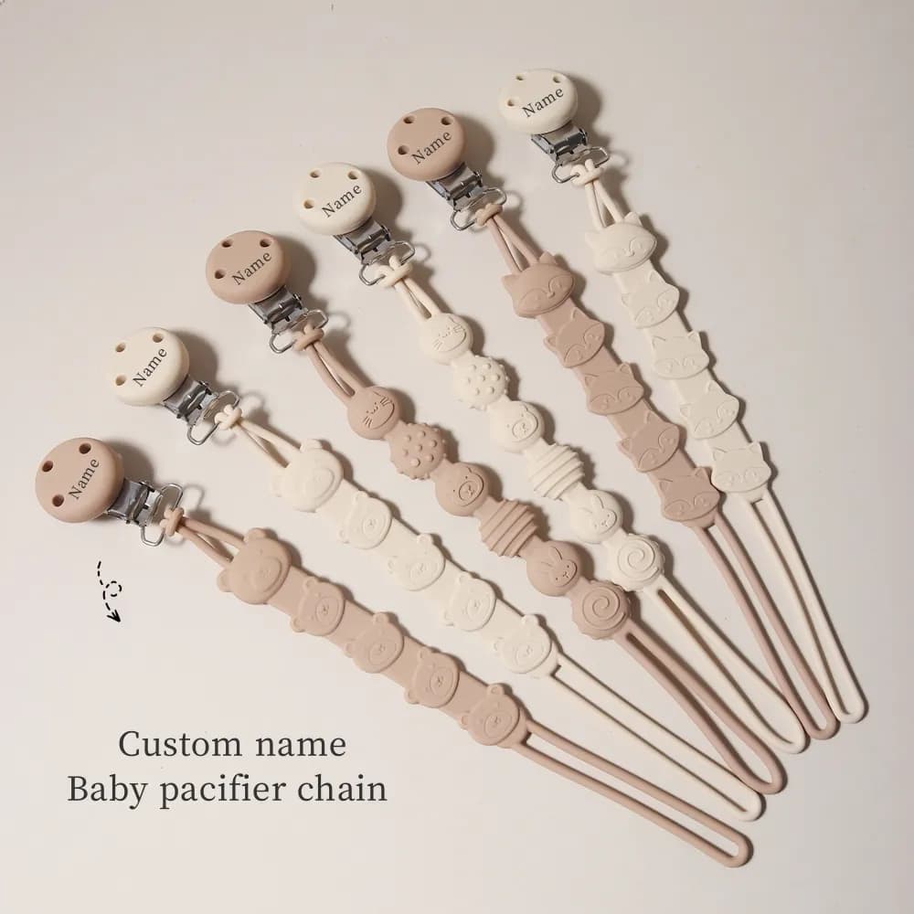 Clip per ciuccio in silicone con nome personalizzato, adorabile giocattolo per massaggiagengive con design di orso e volpe, catena porta ciuccio antigoccia per neonati