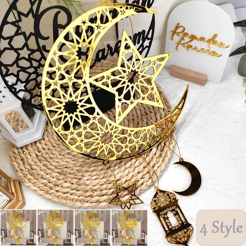 Acrylic Ramadan Kareem Wind Chime Pendant Eid Mubarak Crescent Moon Star Hanging Ornament Muslim Islamic Home Wall Door Decor