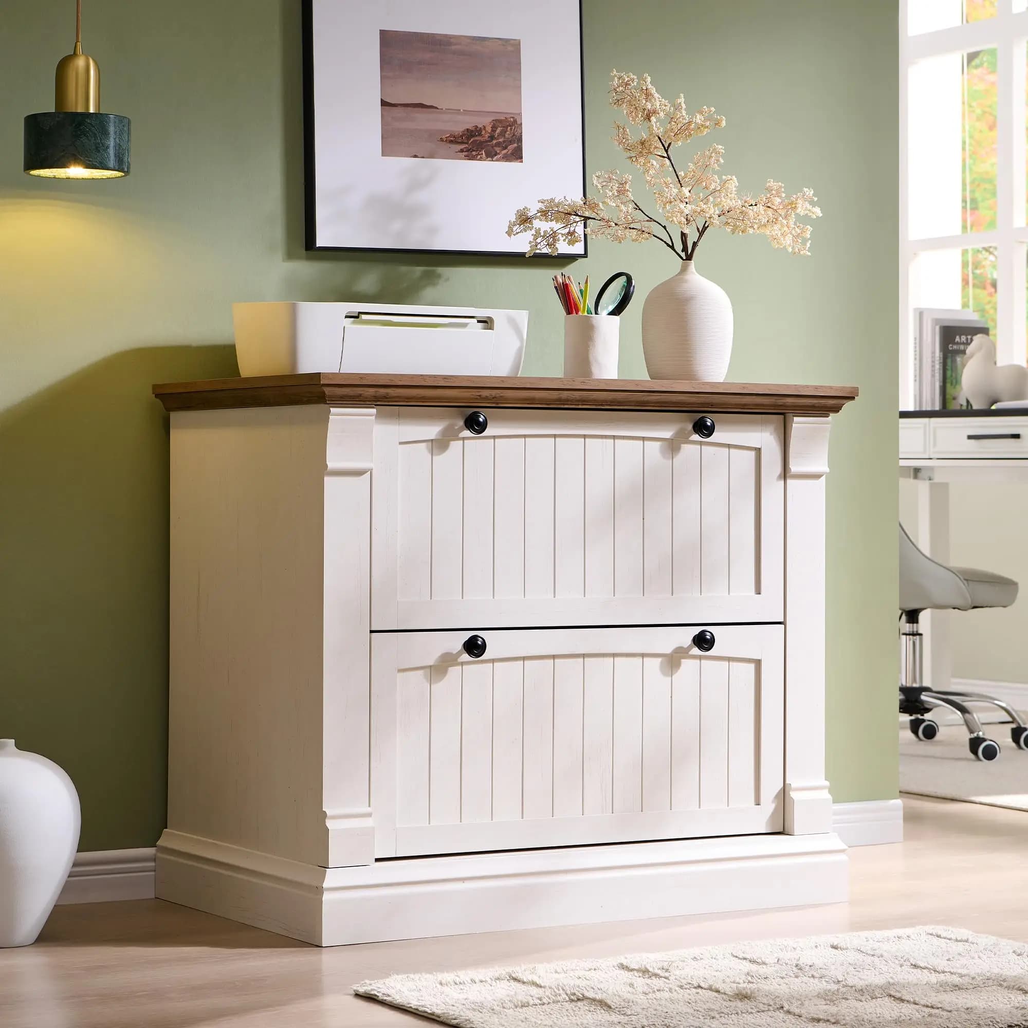 Farmhouse Lateral File Cabinet with 2 Drawers, Antique White | 35.3" Filing Cabinet with Hanging File Folders