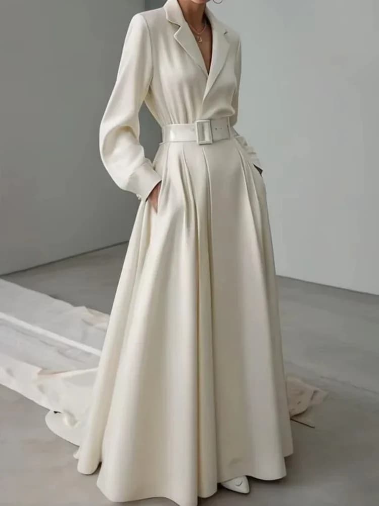 New Party Evening Dresses for Women White Maxi Dress Elegant Long Sleeves Loose No Belt Notched Collar Dresses Women Clothing