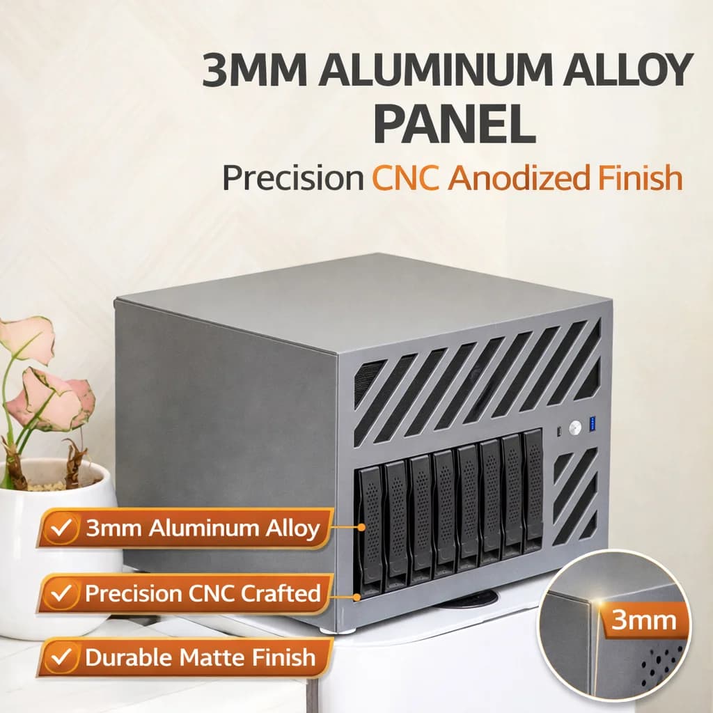 Case NAS a 8 Bay 22L, Chassis Server ATX con Backplane 8643, Supporta HDD/SSD SATA/SAS, Alluminio CNC da 3mm, Alloggiamento per PSU SFX