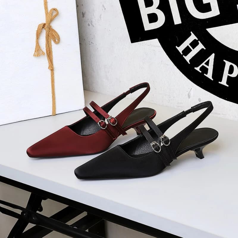 Empty Pointed Shoes with Korean Style Single Shoulder Strap Comfy Single Shoes with Low Heel Surface Mouth Wine Glass Heel Silk