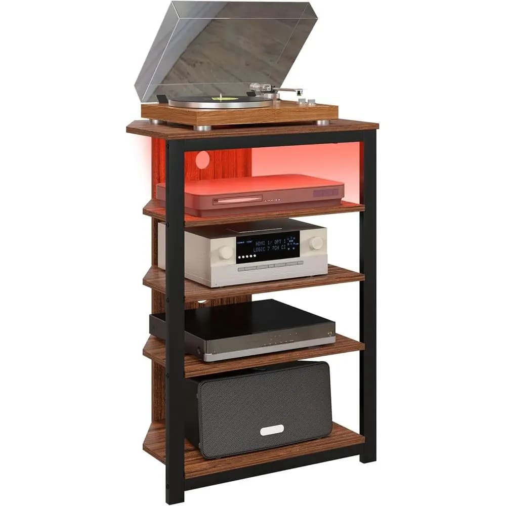 Supporto multimediale a 4 livelli con LED e gestione cavi per apparecchiature audio/video e console di gioco, marrone