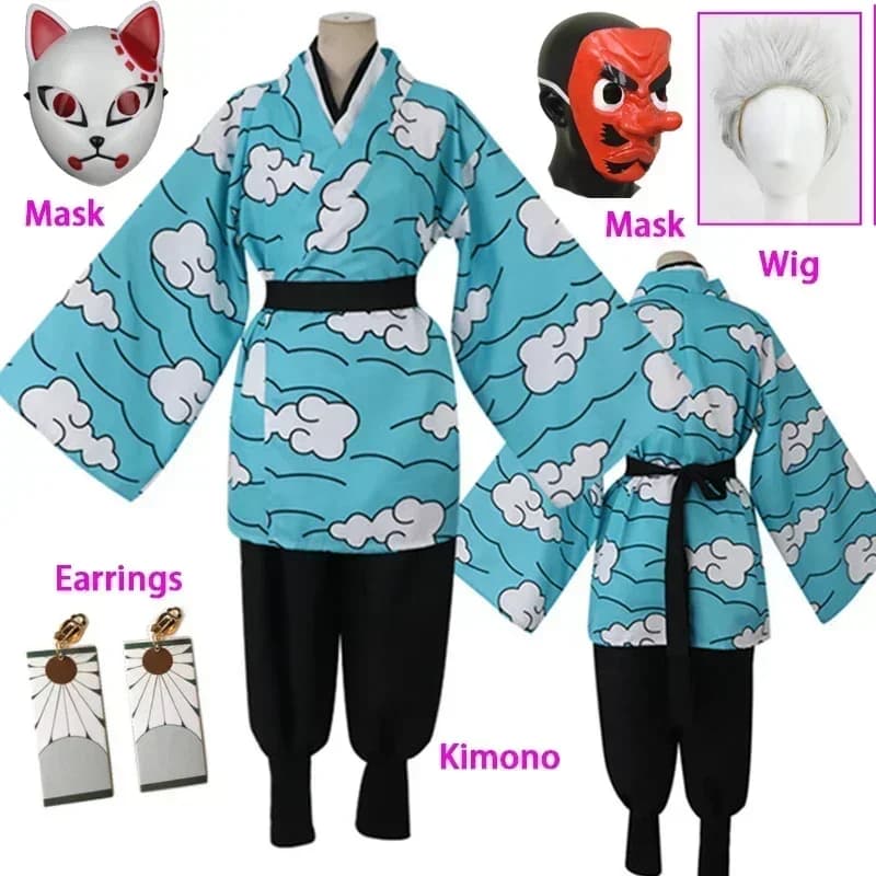 Halloween costume Kamado Tanjirou Urokodaki Sakon, Uniform Blue Cloud, Kimono for Women and Men, Halloween costume with Wig