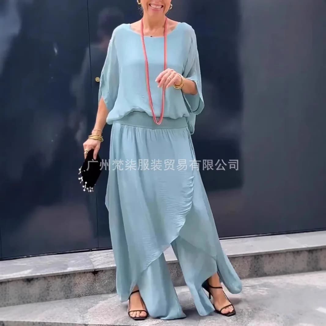 2025 Summer Fashion Women's Solid Color Casual Trendy Loose 2 Piece Chiffon Sets O-neck Short Sleeve T-shirts Wide Leg Trousers