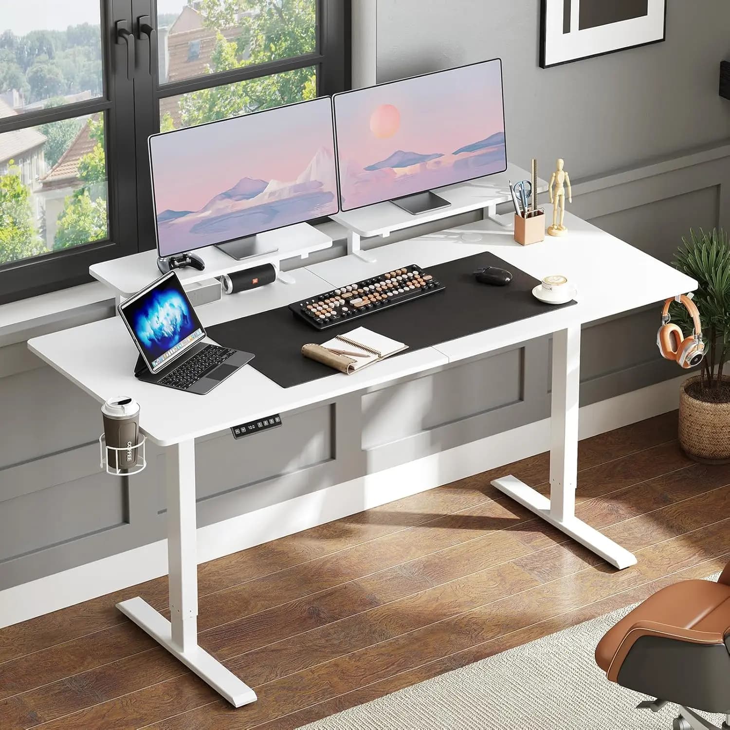 Scrivania Regolabile in Altezza con 2 Ripiani per Monitor, 71 x 24 Pollici, Scrivania Elettrica con Controller di Memoria e Personalizzazione