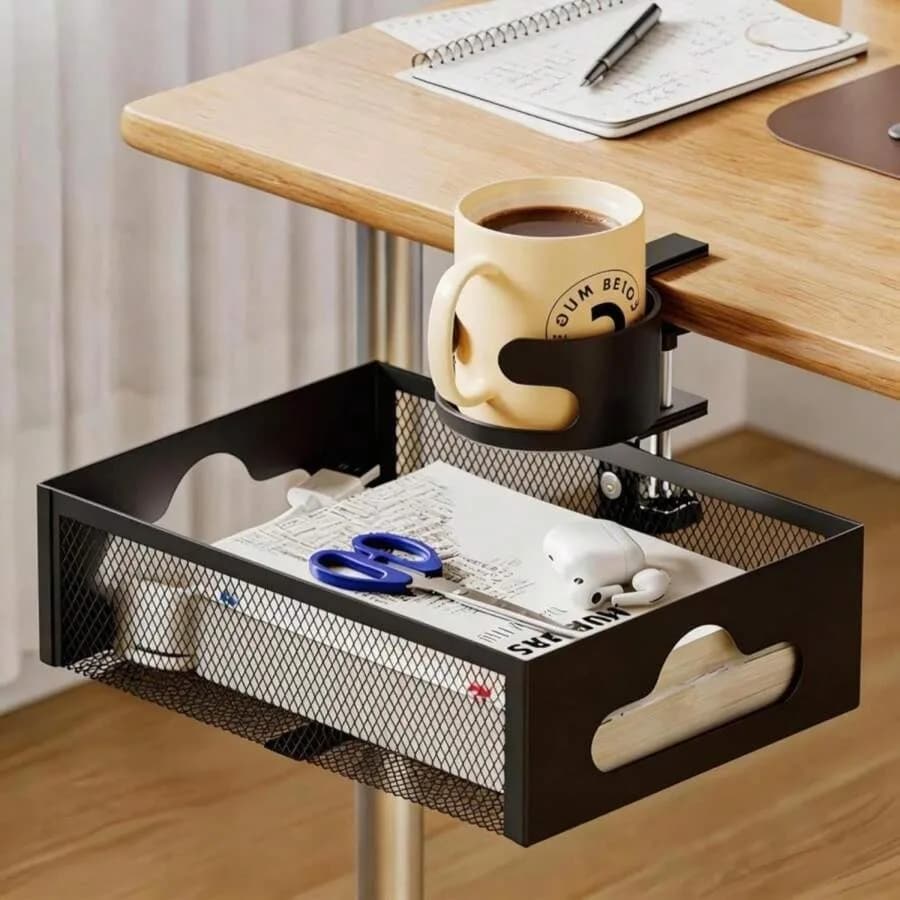 XULIONTS Clamp-On Under Desk Organizer With Cup Holder, 360 Rotating Mesh Drawer With Cable Hole, No-Drill Desk Drawer Organize