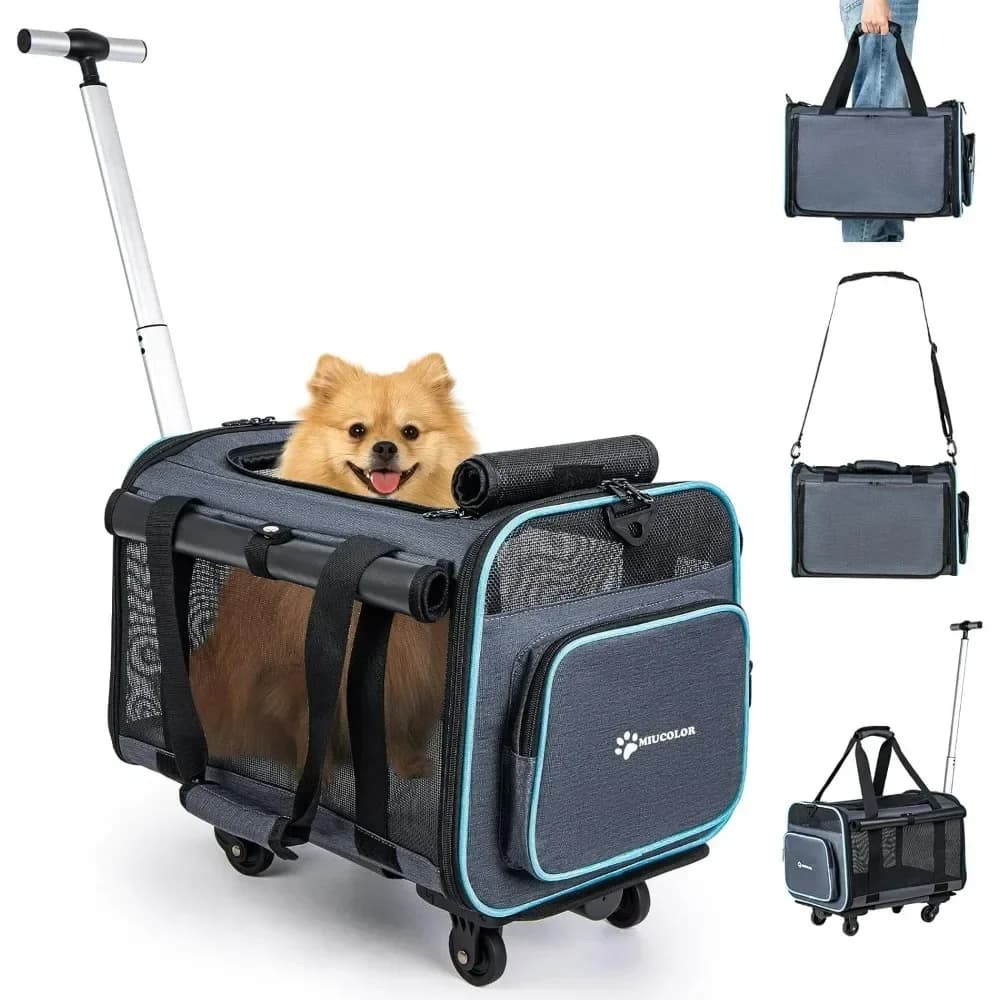 Un marsupio per animali domestici con ruote, compagnia aerea e omologato TSA, borsa da viaggio morbida per gatti/cani, zaino per animali domestici con impugnatura telescopica