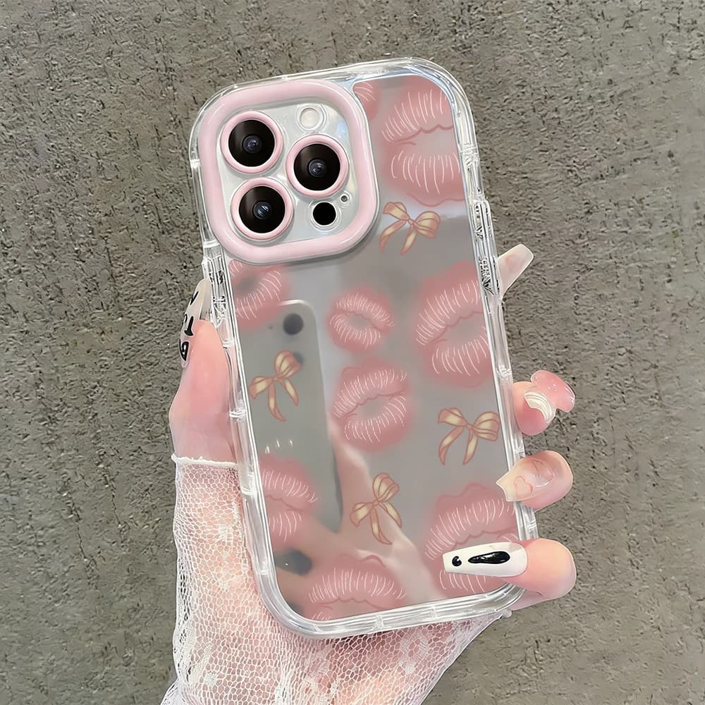 Cover per iPhone 17 15 14 16 Pro Max 13 12 11 Pro X XR XS MAX 7 8 Plus 17Air INS con stampa labbra, fiocco e specchio a cuscino d'aria
