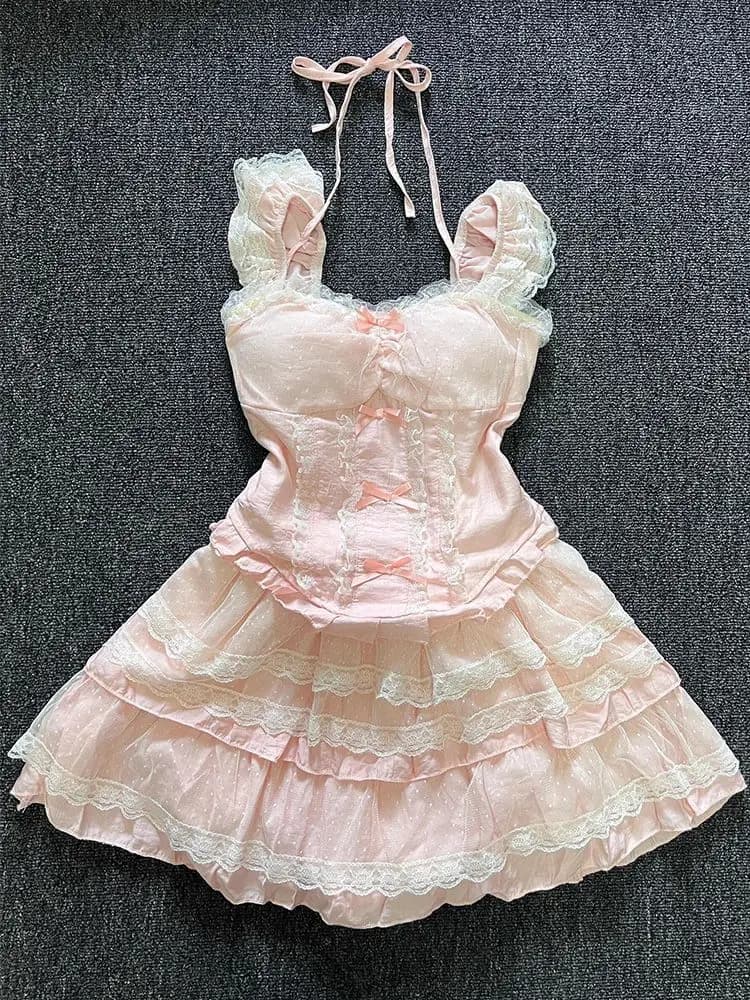 2025 Estate Dolce Patchwork di pizzo Abito carino Donna Top con fiocco adorabile + Mini gonne torta Nuova moda giapponese Kawaii Slim Set da 2 pezzi