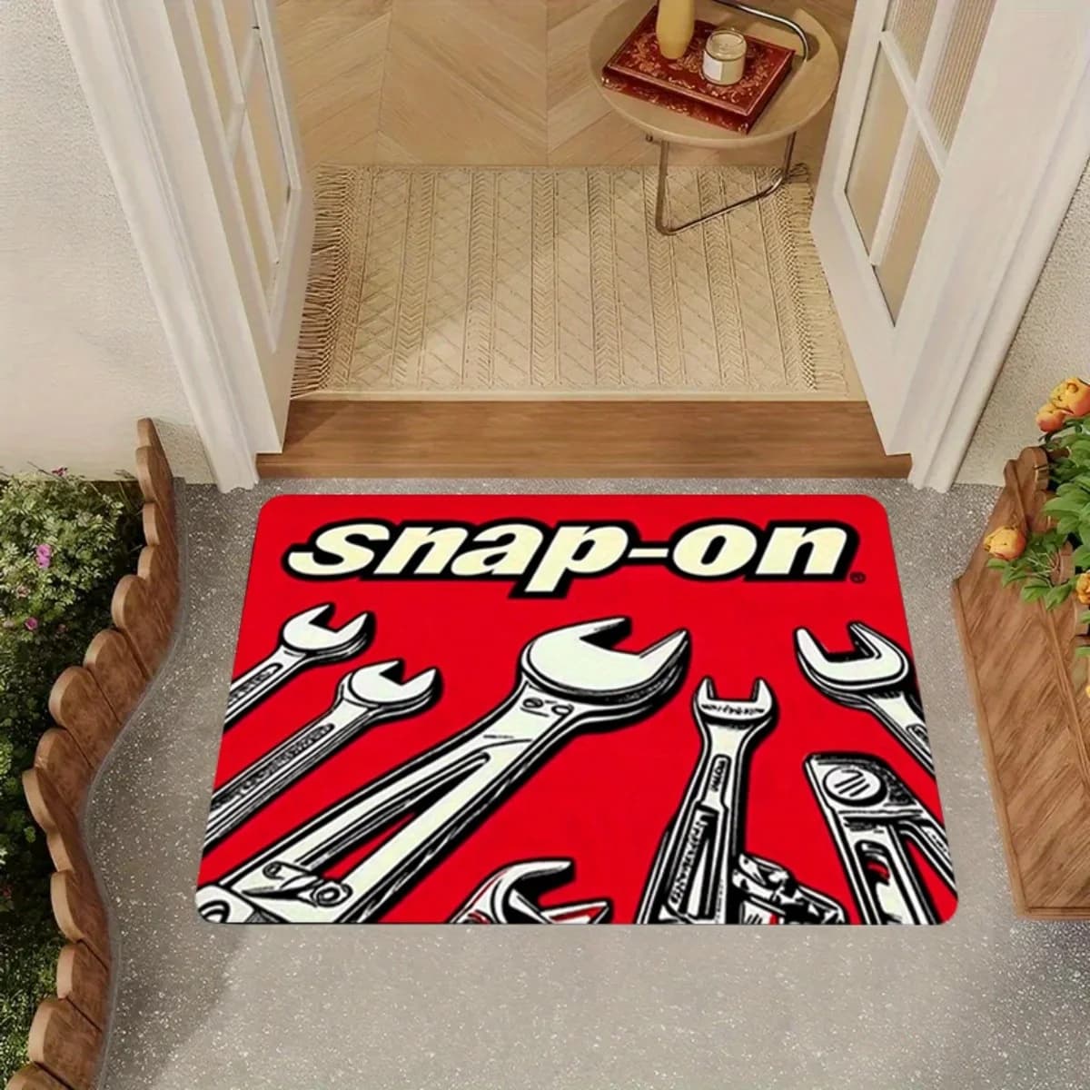 Tappetino in flanella per illustrazione con logo a scatto da 1 pezzo, durevole e lavabile in lavatrice, design di strumenti rossi e neri per la casa
