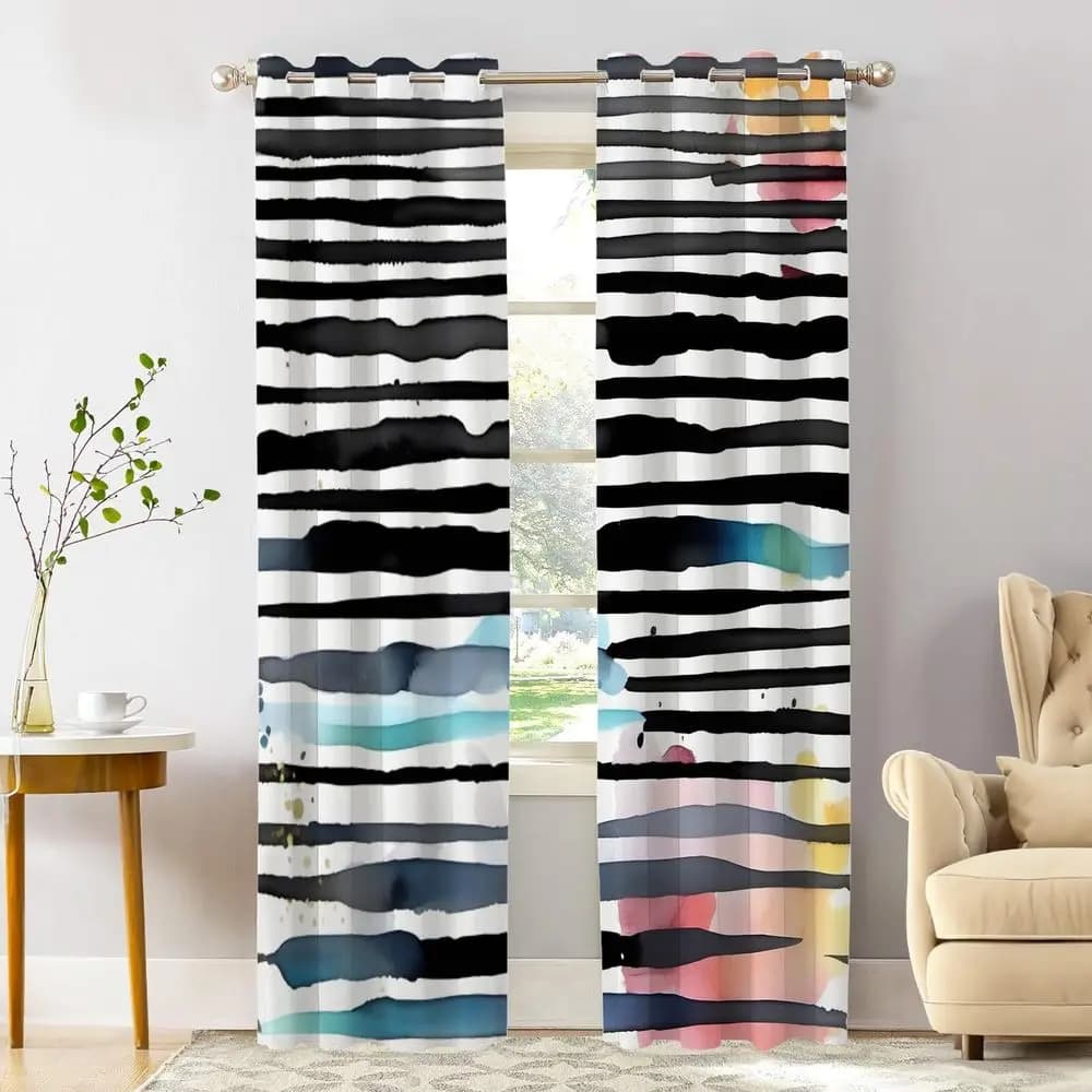 Thermal Insulated Blackout Curtains, Black and White Striped, Watercolor Style, 52x84, Set of 2 for Bedroom/Living Room