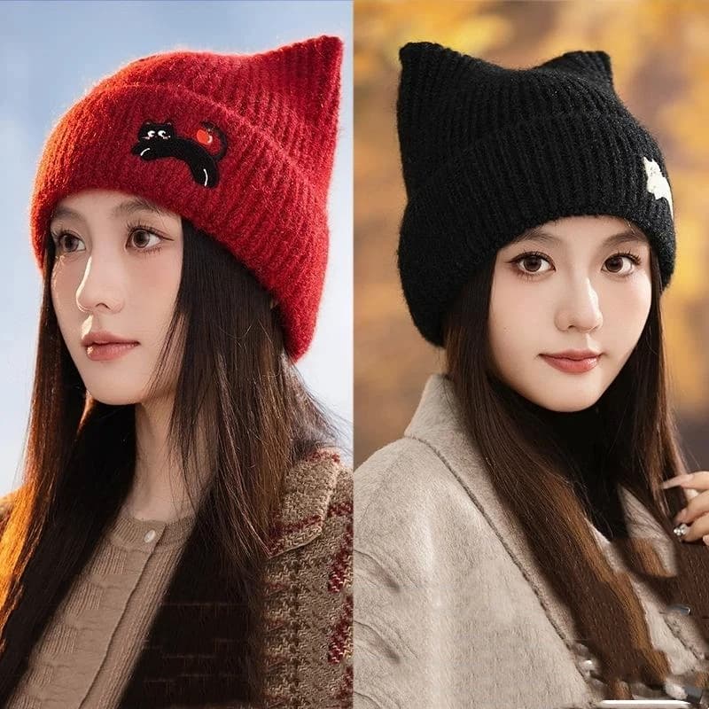 Winter Warm Plush Cat Ear Beanie Skull Cap for Women Korean Style Cartoon Thermal Outdoor Snow Pullover Hat for Girls