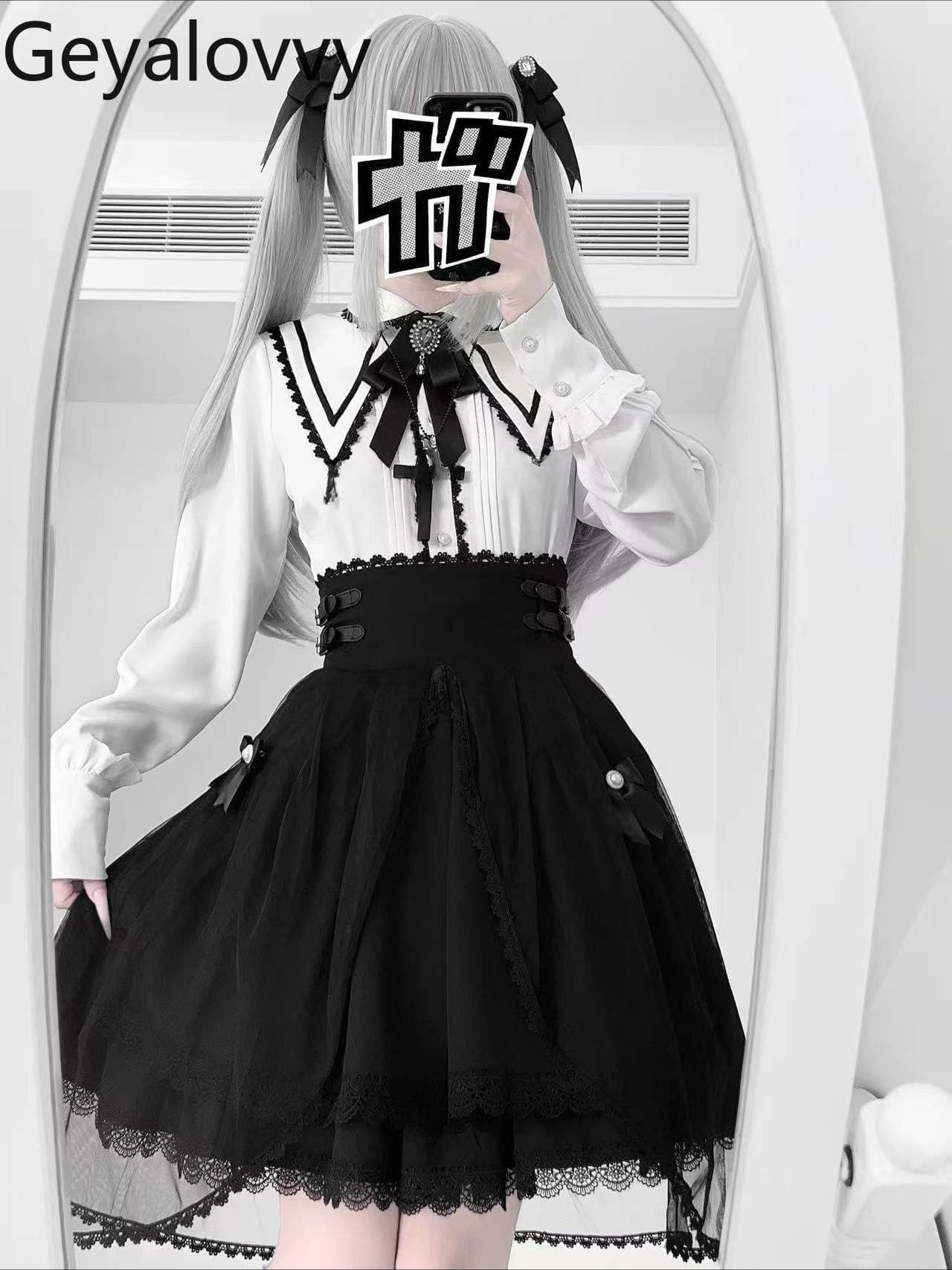 Complete Set Two Pieces: Long sleeve shirt with doll collar Japanese style and upper waist skirt, Product in Original Series