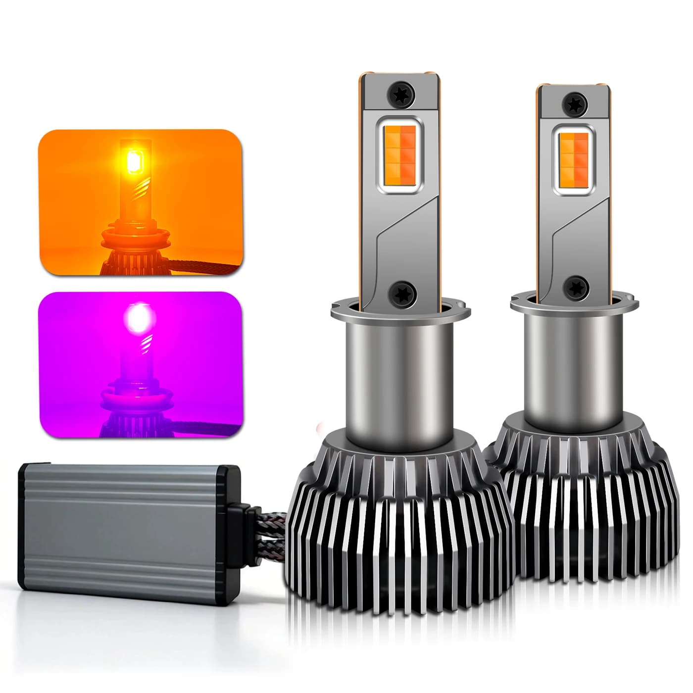 H3 CANBUS LED Headlight Fog Bulb, 30000LM High‑Power Switchable Dual‑Color Amber & Pink Light, Dual Copper‑Tube Cooling Fan