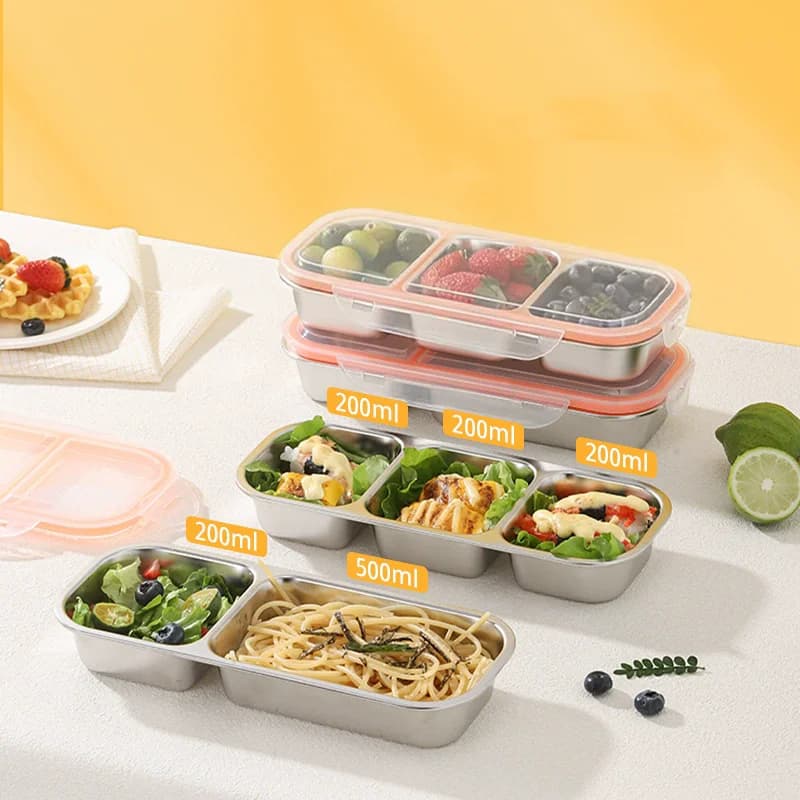 Leak Proof Stainless Steel Lunch Box with Safety Lid 2/3Grids Fruit Salad Food Container for Travel Camping Portable Bento Box