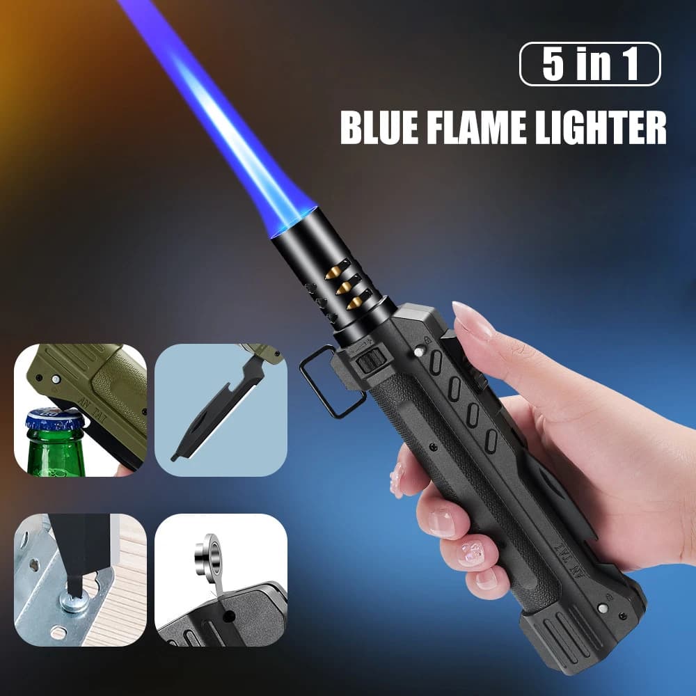 Accendino a torcia spray con blocco di sicurezza, design con blocco fiamma, fiamma regolabile, fibbia portatile 5 in 1 per strumenti di accensione da esterno