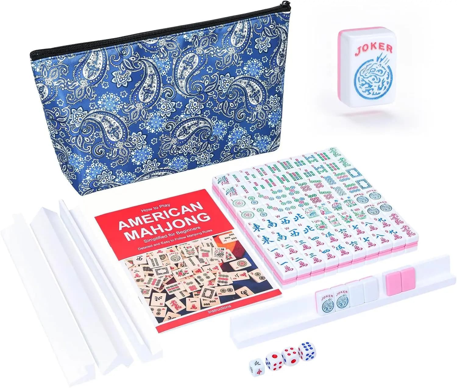 Mini Set Mahjong Americano, 166 Tessere Rosa (24mm), 4 Supporti, Borsa Blu Stampata, da Viaggio