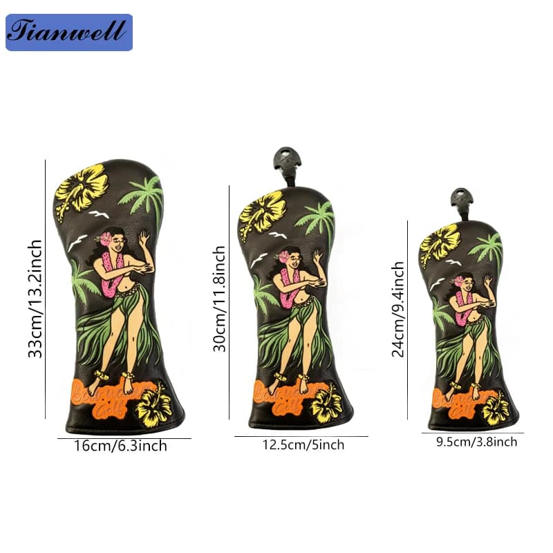 Copricapo da golf per driver, fairway wood e ibridi, in PU di alta qualità con ricamo a gonna di paglia e design hula dance, copricapo da golf