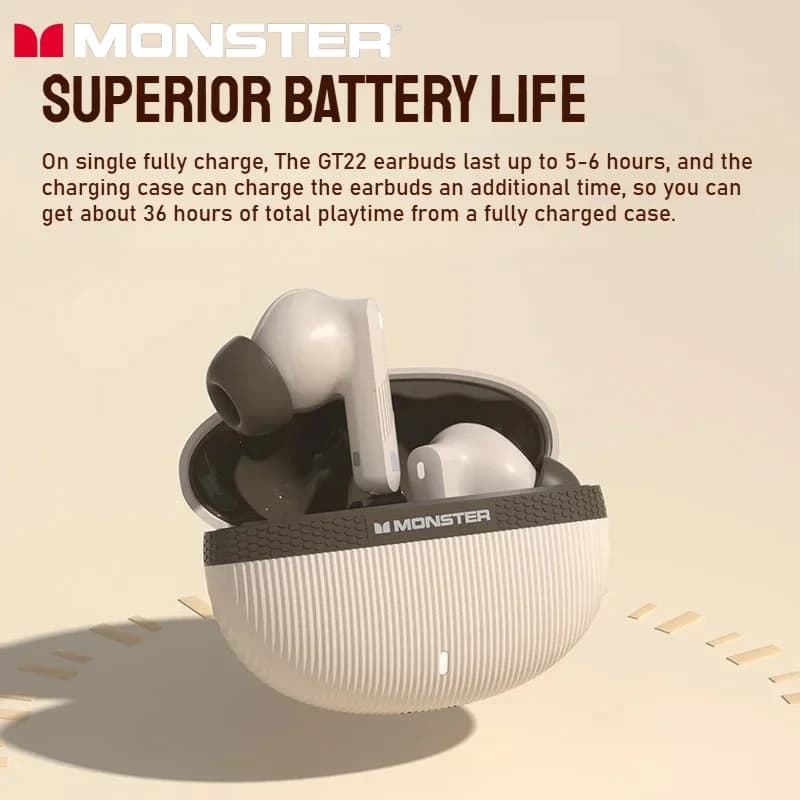Monster AuraFit GT22 Active Noise Cancelling Earbuds -35dB 360° Stereo Wireless Bluetooth Headphone ANC Bluetooth 5.3 Earphone