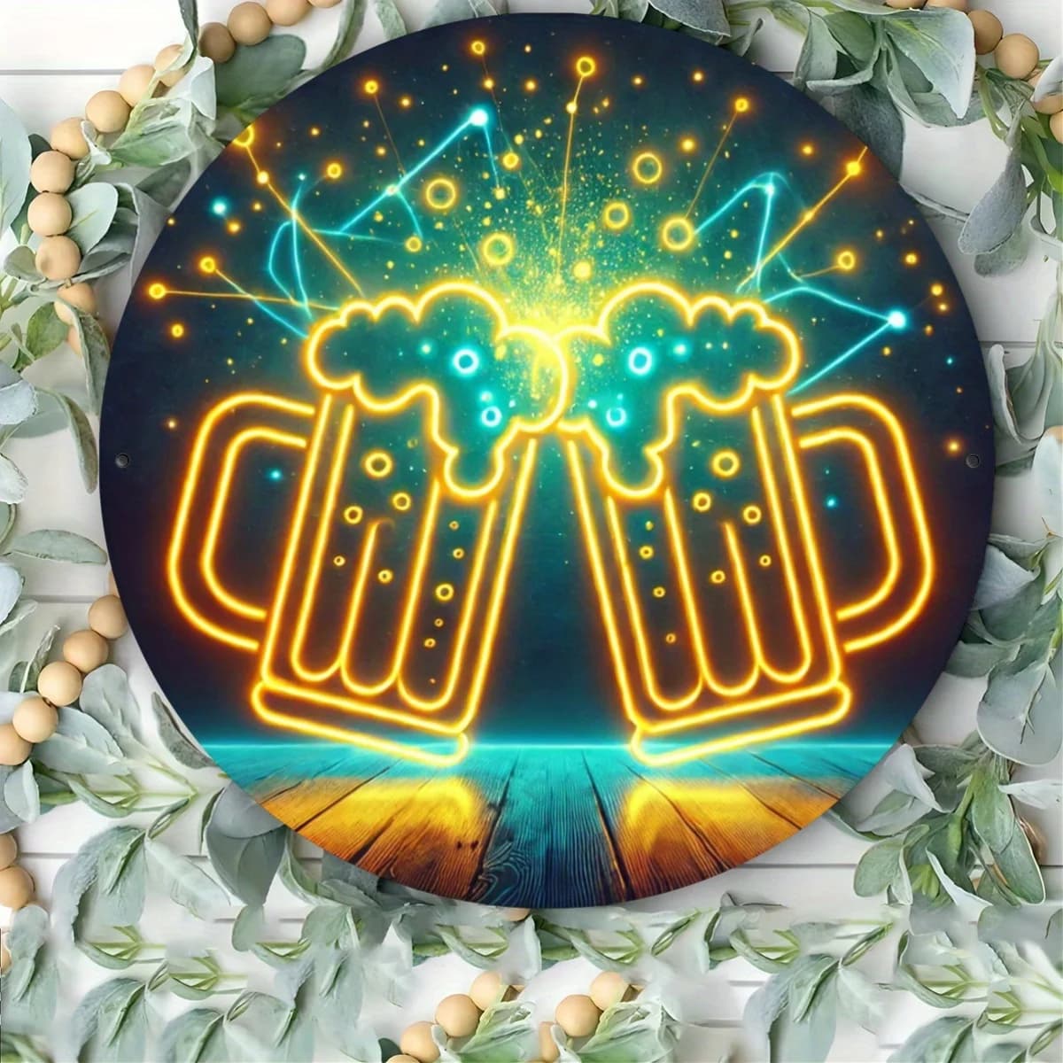 Insegna in metallo 2D piatta, 1 pezzo, con motivo birra e luce al neon - Decorazione da parete adatta per bar, cave, installazione con fori pre-forati - 20x20 cm