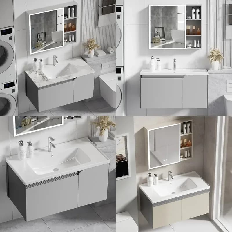Cream Bathroom Vanity Set with Integrated Ceramic Basin Smart Mirror Cabinet Modern Washstand for Toilet