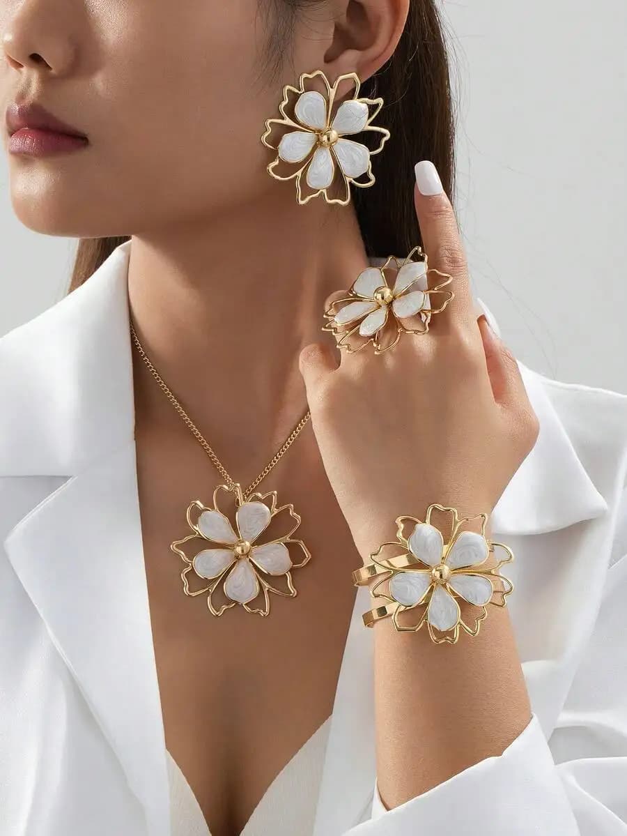Elegant Versatile Geometric Hollow Flower Petal Adjustable Bracelet, Ring, Necklace, Earrings Jewelry Set For Women, Suitable Fo