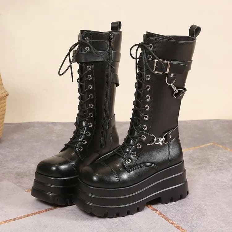 2025 Autumn Women Boots Buckle Round Toe Wedges Platform Boots Punk Style Goth Women Street Shoes Boots for Women Plus Size 43