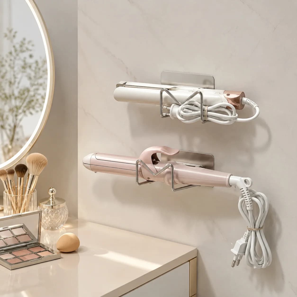 Space Saving Non-Drill Wall Mount Rack Stainless Steel Adhesive Holder Organizer for Hair Curler Straightener Styling Tools