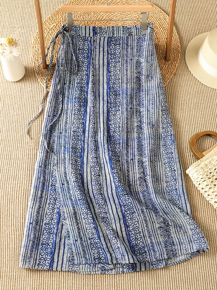 Blue And White Porcelain Print A-Line Midi Skirt for Women Large Size Retro Versatile Artistic Belted Half-length Skirt