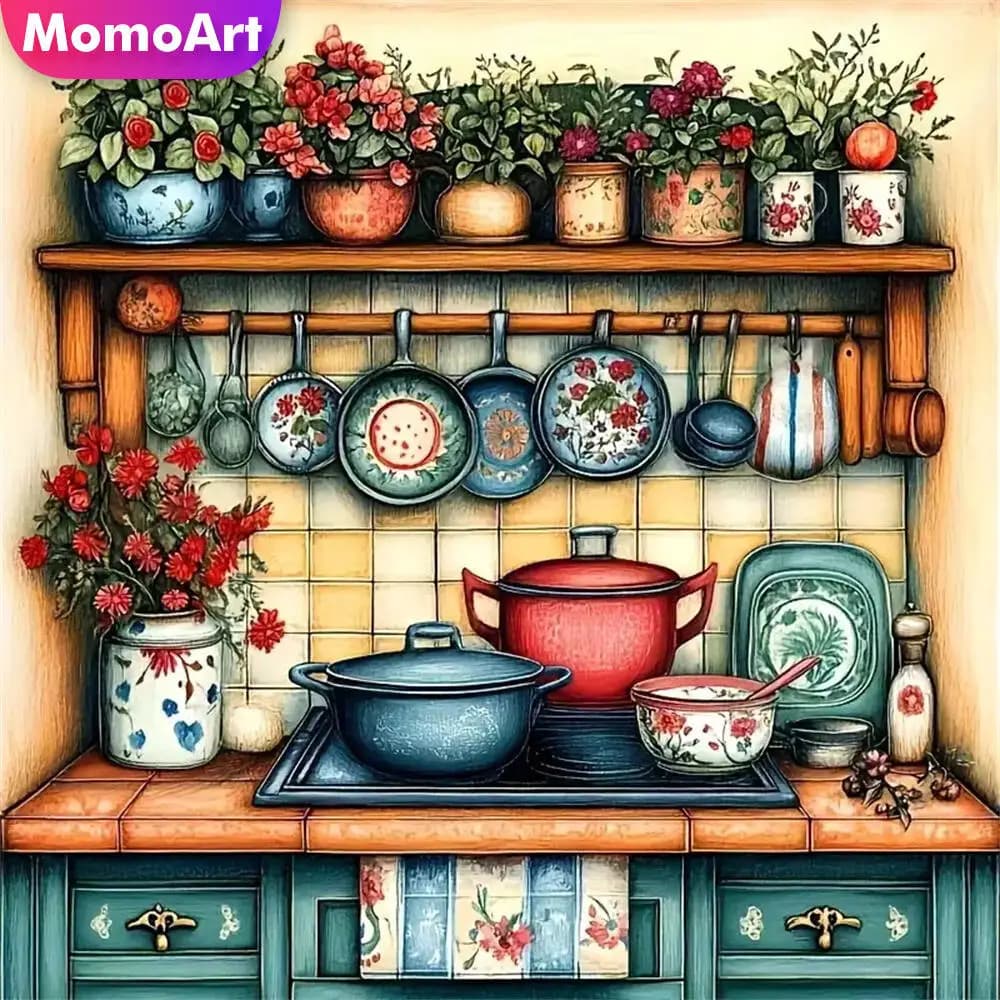 Momoart Landscape Diamond Embroidery Kitchen Diamond Painting Flower Vase Kit DIY Acrylic Craft Supplies Mosaic Child Gift