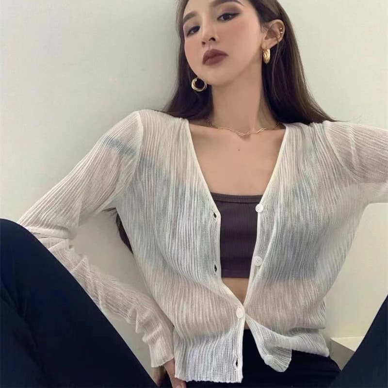 Thin Korean Cardigan with Solar Protection Women Transparent Buttons Long Sleeved Shirt Summer Fashion Top Casual Wide